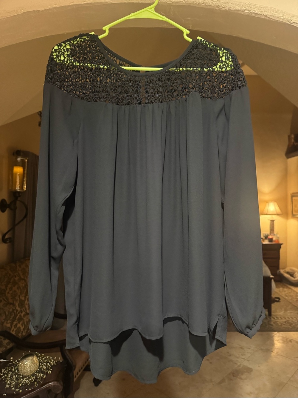 LOFT Black Long-Sleeve Blouse with Crochet Yoke - Size Medium